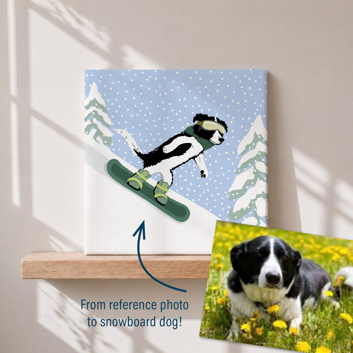 Winter Pet Portrait - Custom Design of Your Pet Skiing or Snowboarding