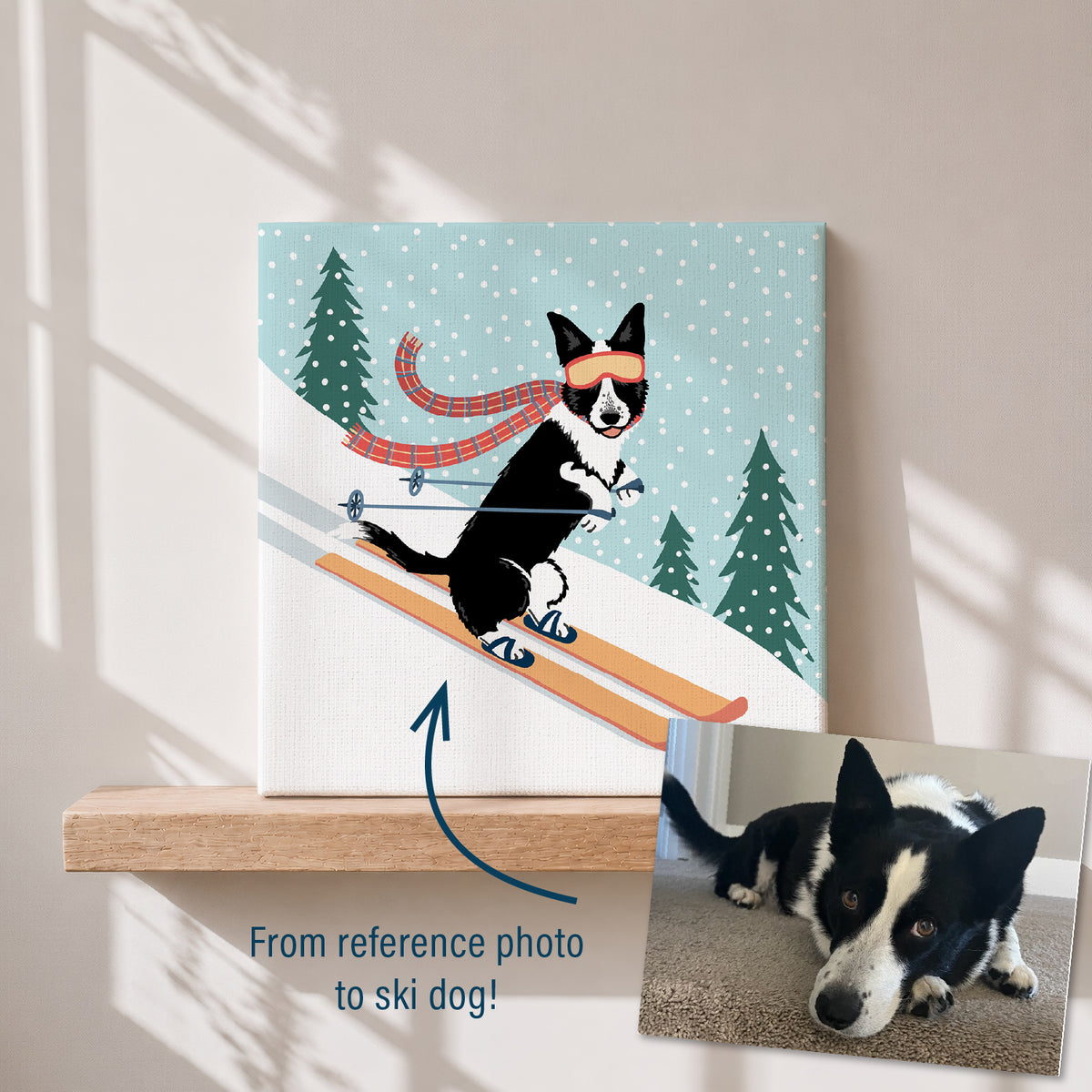 Winter Pet Portrait - Custom Design of Your Pet Skiing or Snowboarding