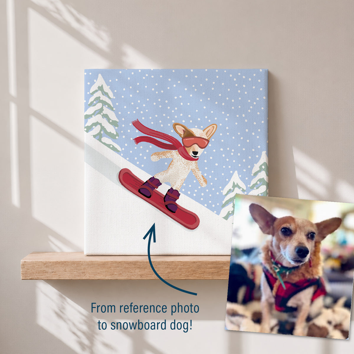 Winter Pet Portrait - Custom Design of Your Pet Skiing or Snowboarding