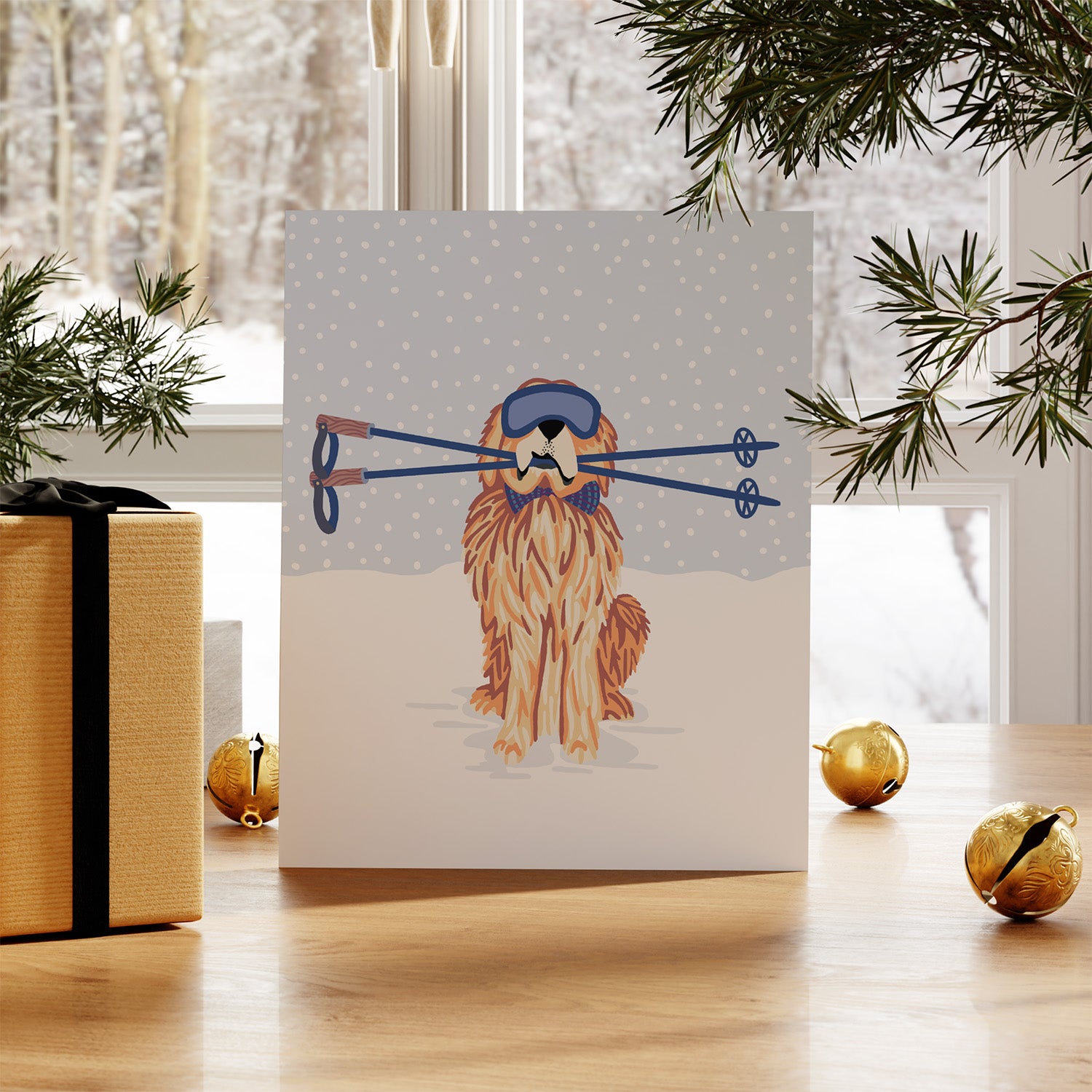 Golden Retriever with Ski Poles - Card