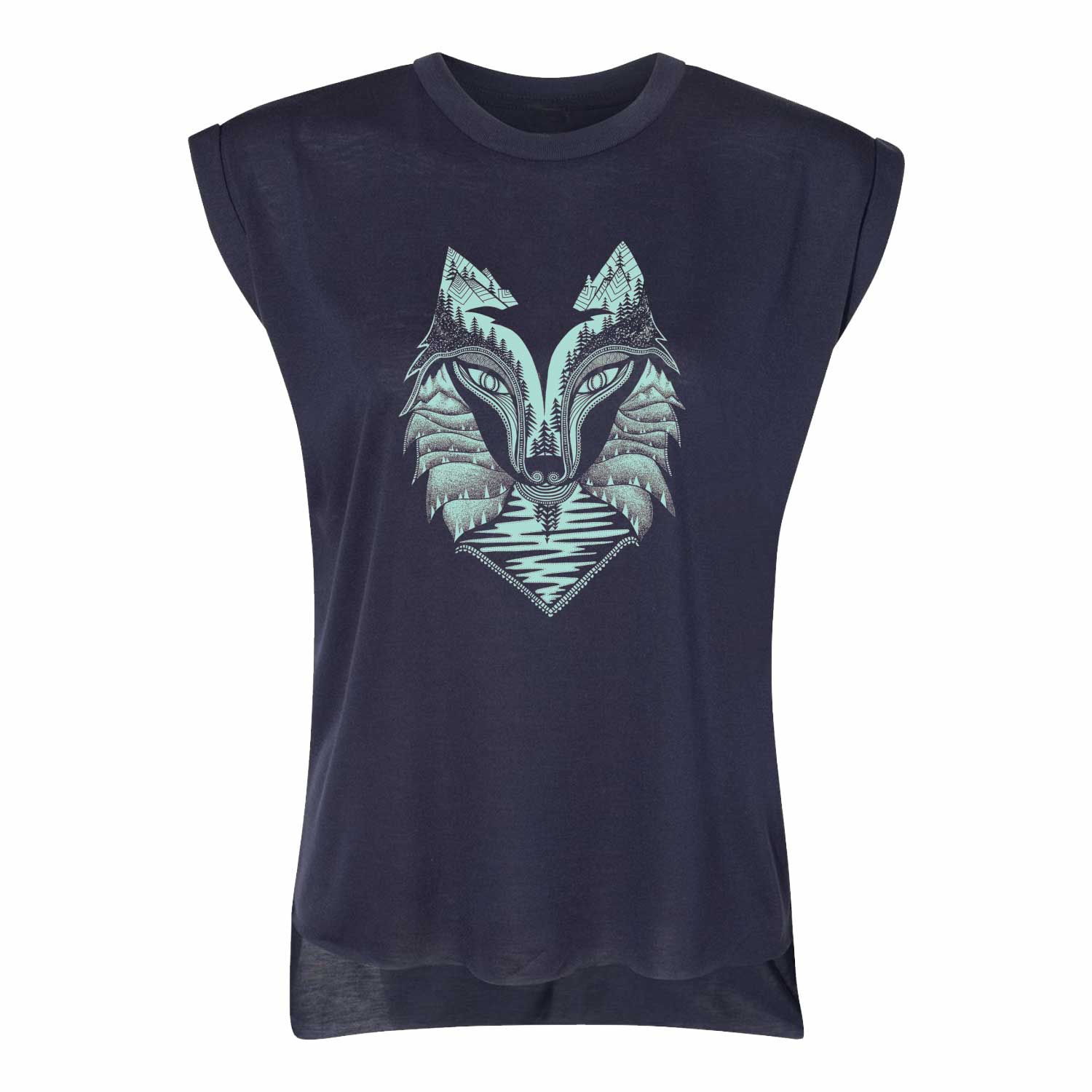 Wolf Flowy T-Shirt With Rolled Cuffs | Teal & Midnight Blue - Ketsol