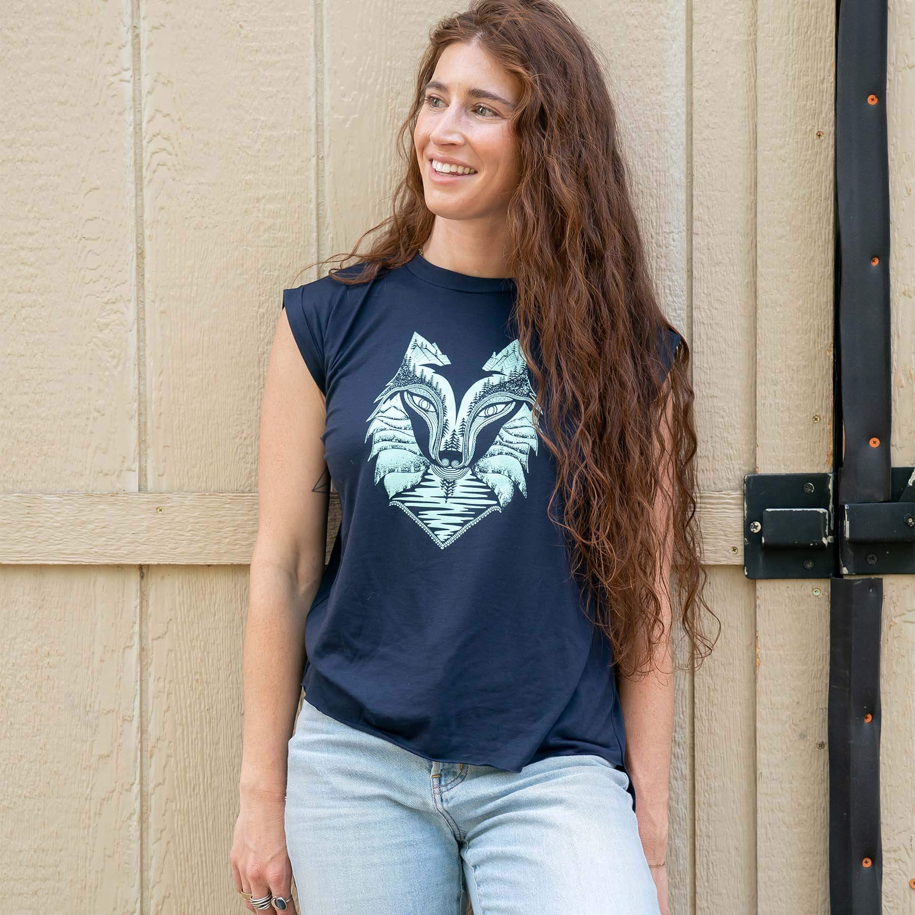 Wolf Flowy T-Shirt With Rolled Cuffs | Teal & Midnight Blue - Ketsol
