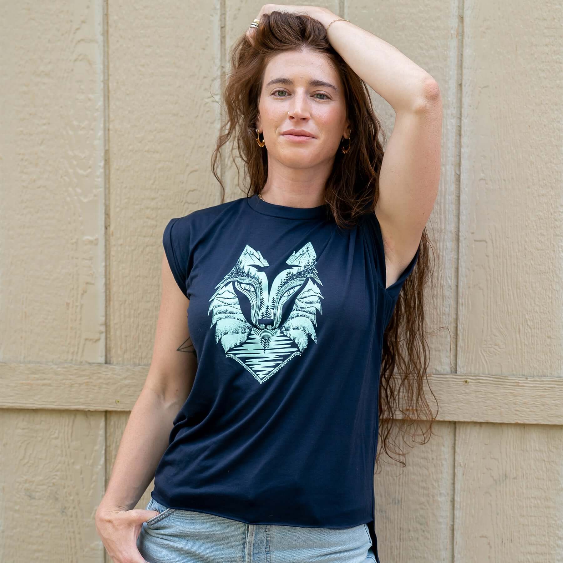 Wolf Flowy T-Shirt With Rolled Cuffs | Teal & Midnight Blue - Ketsol