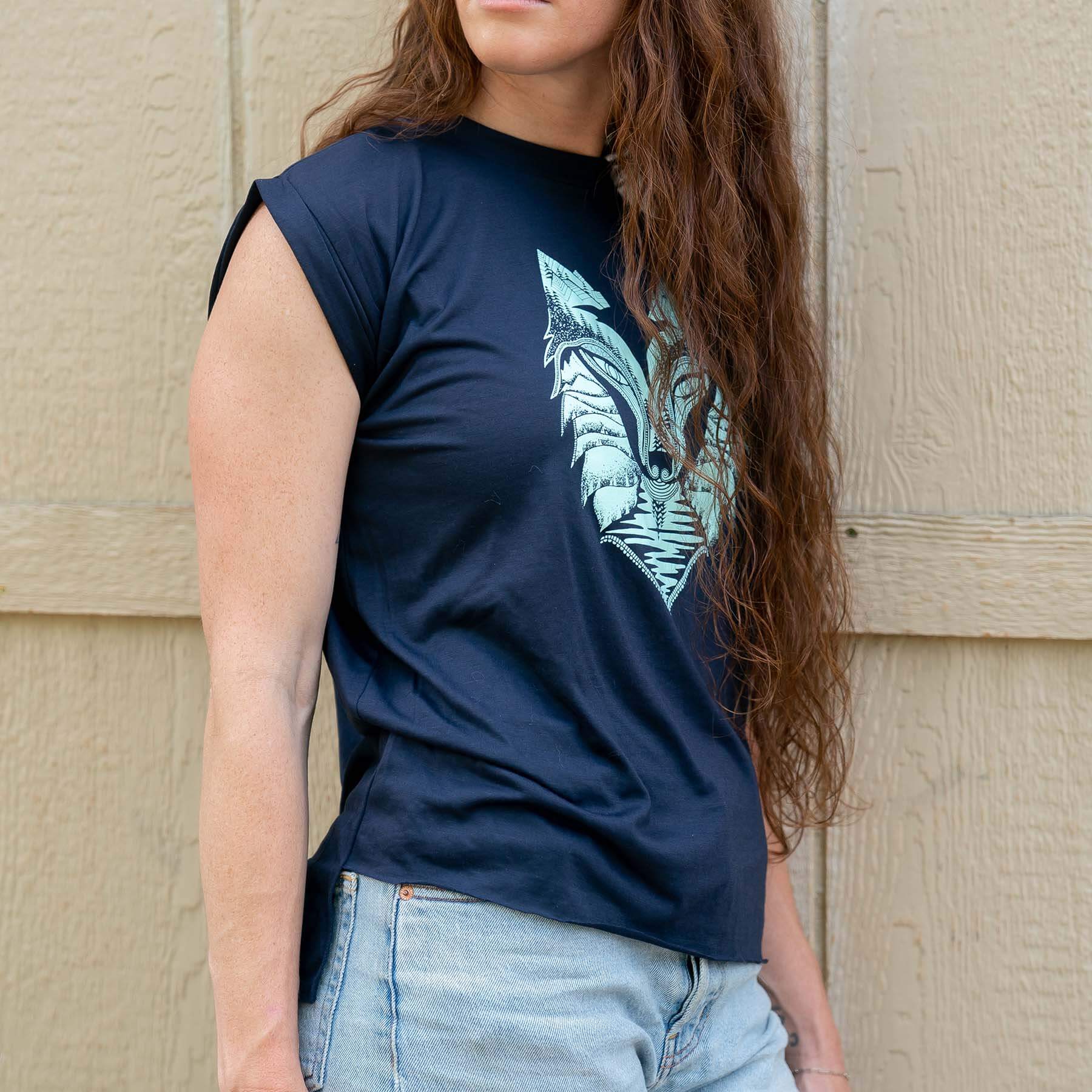 Wolf Flowy T-Shirt With Rolled Cuffs | Teal & Midnight Blue - Ketsol