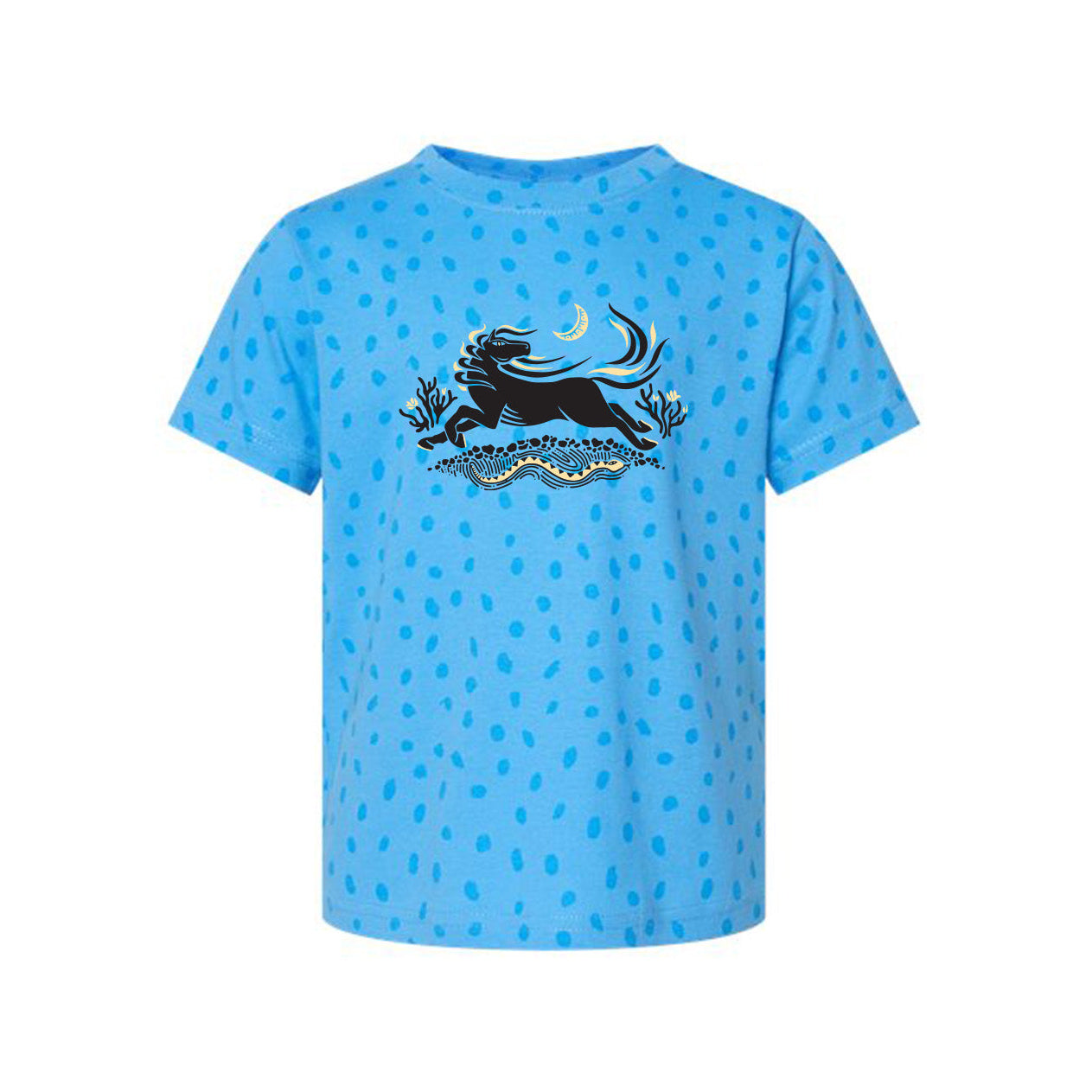 Blue t-shirt with a black stallion graphic 