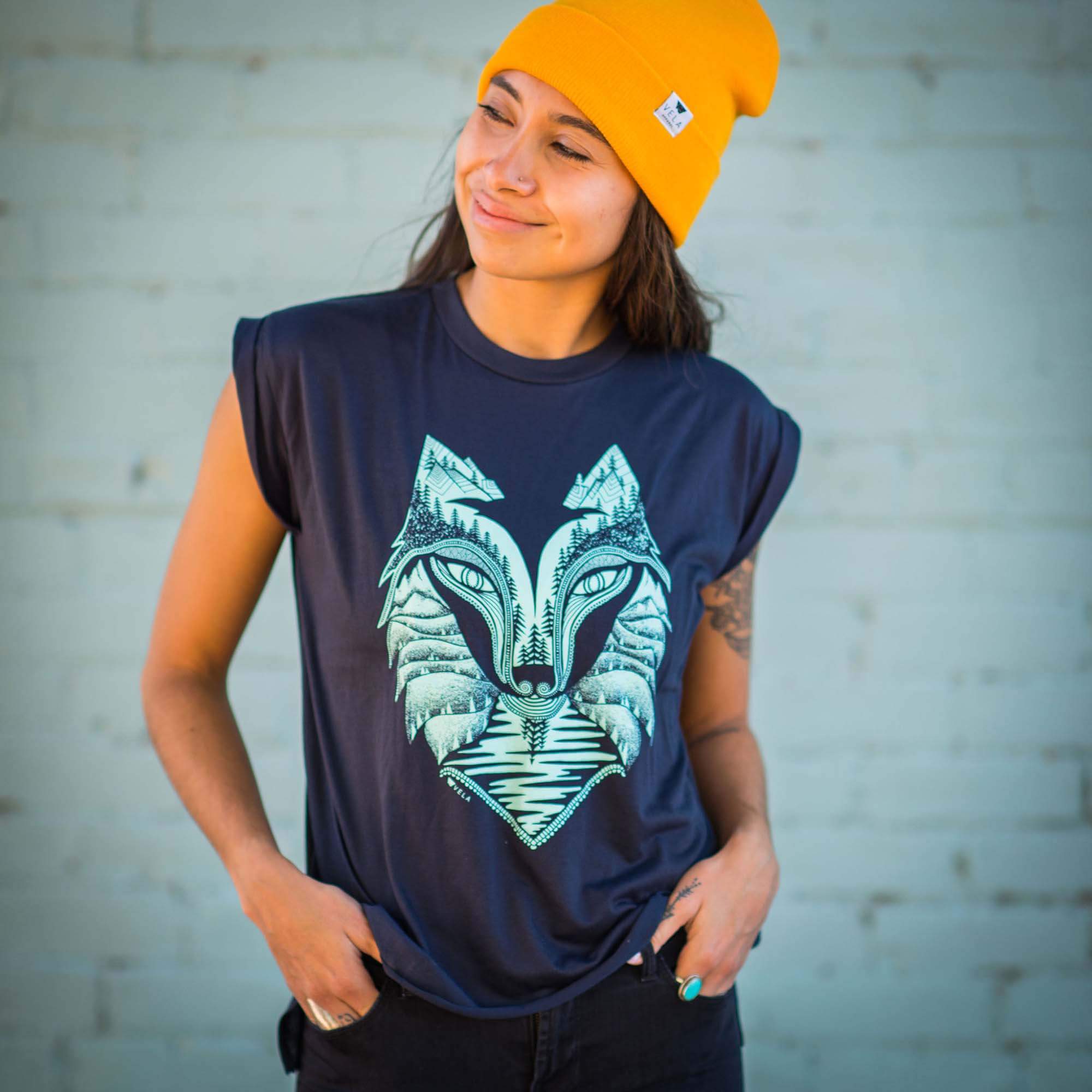 Wolf Flowy T-Shirt With Rolled Cuffs | Teal & Midnight Blue - Ketsol